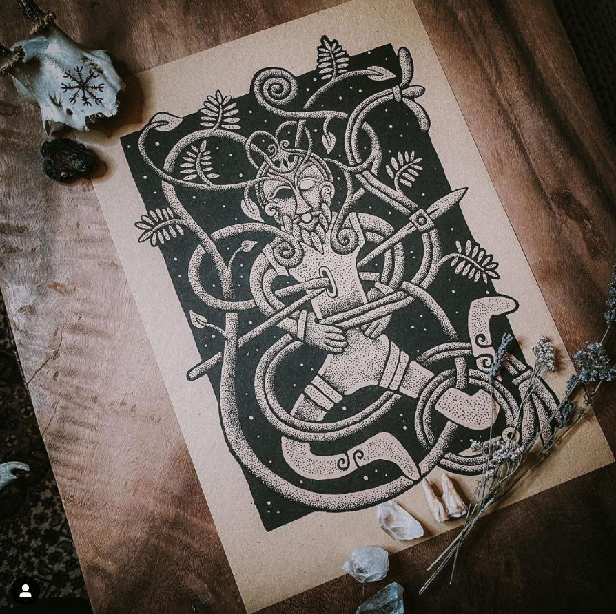Odin hanging in Yggdrasill - Nordic Mythology Tattoo, Art-Print, Handpoked Tattoo, Vikingtattoo